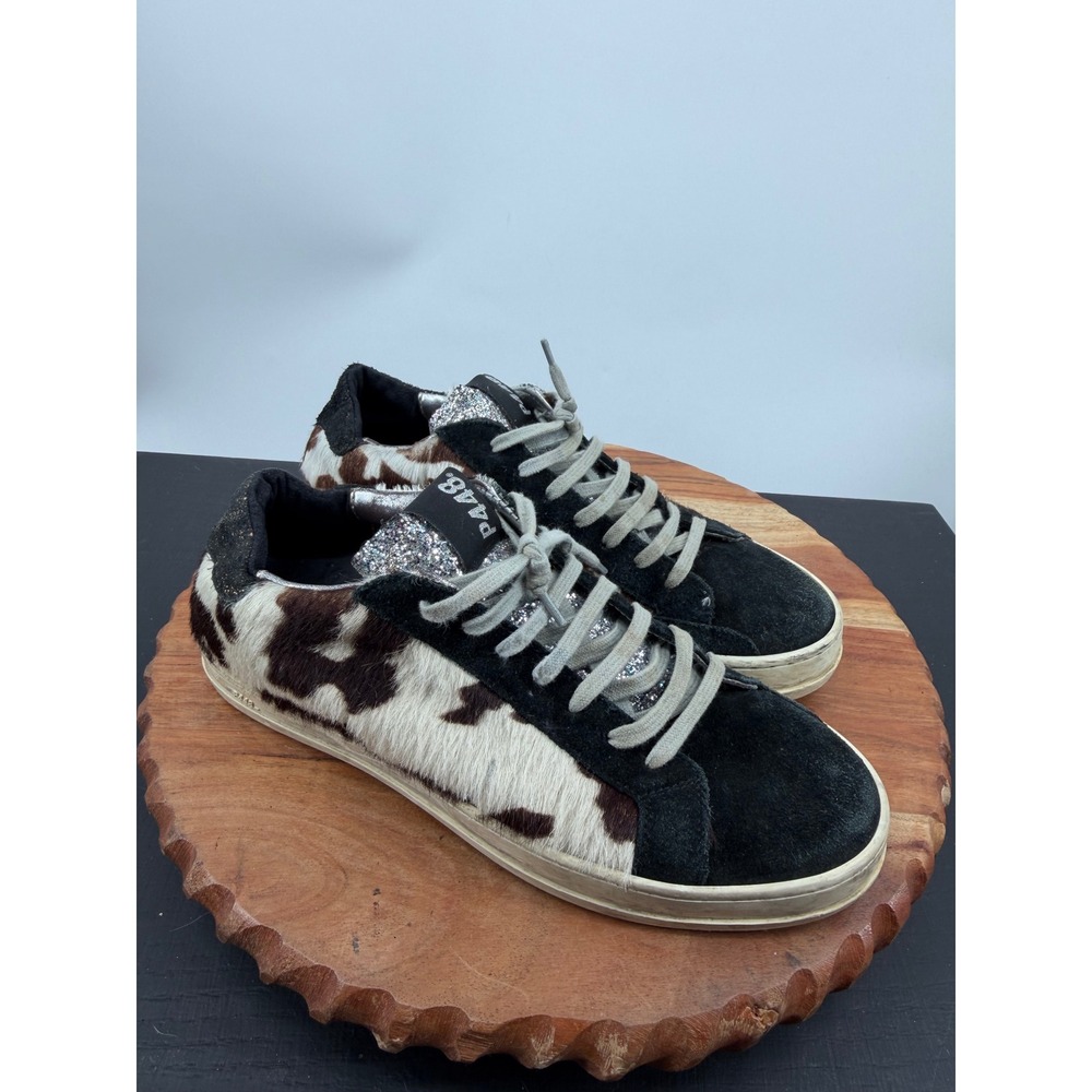 P448 John Sneakers sz 39 8.5-9 Black Brown Cow Print Calf Hair Glitter Low Top